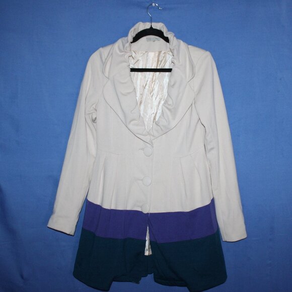 By Stella Color Block Ruffle Collar Fitted Coat Small - Picture 1 of 6